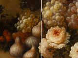 painting of a still life of flowers and fruit on a table