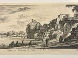 un vieux dessin représentant un château avec une rivière au premier plan
