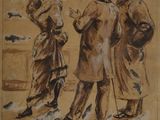dessin représentant trois hommes en haut-de-forme et queue, debout les uns à côté des autres