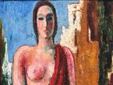 an oil painting of a woman in a red dress standing in front of a building