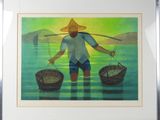painting of a man carrying two baskets of fish in a body of water