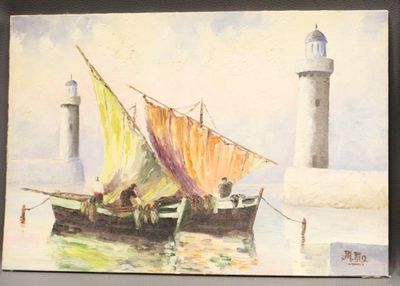 M.M. Entrée de port. Huile sur panneau, signée en bas à droi…