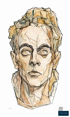drawing of a man ' s face with a piece of paper in the background
