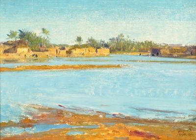 painting of a painting of a river with a village in the background