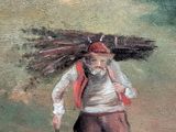 an oil painting of a man carrying a bundle of wood on his back