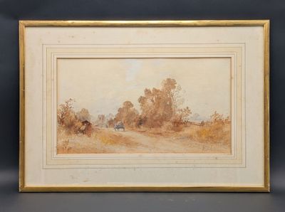 a painting of a landscape with a house in the distance