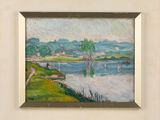 une peinture à l'huile représentant une scène de rivière avec un bateau dans l'eau