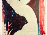 peinture abstraite représentant une femme en robe blanche assise sur une chaise rouge et noire