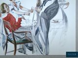 a drawing of a man and a woman sitting at a table