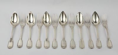 a set of six silverplated flatware forks and spoons