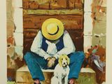 painting of a man sitting on a step with a dog in front of him