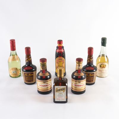 plusieurs bouteilles d'alcool sont alignées sur une surface blanche