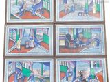 four paintings of people in a living room with a dog and a cat