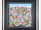 painting of a view of a city with lots of buildings and cars