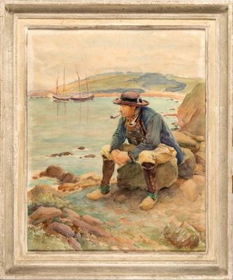 an image of a painting of a man sitting on a rock by the water