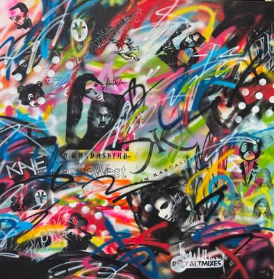 un graffiti sur un mur, avec une multitude de couleurs et de motifs différents