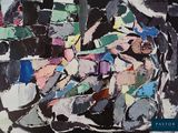 abstract painting of a man riding a motorcycle on a city street