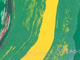 abstract painting of a green and yellow swirl with a yellow stripe