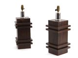 pair of wooden table lamps with glass lampshads on each of them