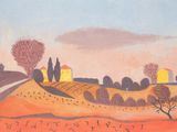 painting of a rural landscape with trees and houses in the distance