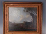 an oil painting of a cow in a pasture by a tree