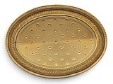 a close up of a gold plate on a white background