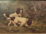 painting of two spaniels in a wooded setting by a tree