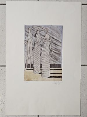 dessin représentant trois personnes debout devant un mur carrelé de blanc