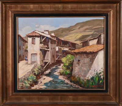 une peinture à l'huile représentant une scène de village traversé par une rivière