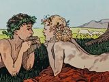 painting of two naked women laying in the grass under a tree