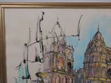 a painting of a building with a clock tower in the background