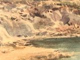 a watercolor painting of a beach with a boat in the water
