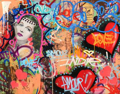 a painting of a woman on a wall covered in graffiti