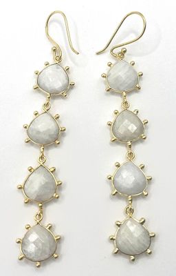 a pair of gold tone earrings with white stones on them