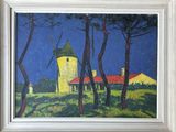 une image représentant une peinture d'une maison jaune dans les bois