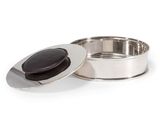 a close up of a metal container with a lid on a white background