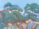 an oil painting of some trees and rocks on a sunny day