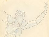dessin représentant une femme vêtue d'un costume de super-héros, les bras tendus
