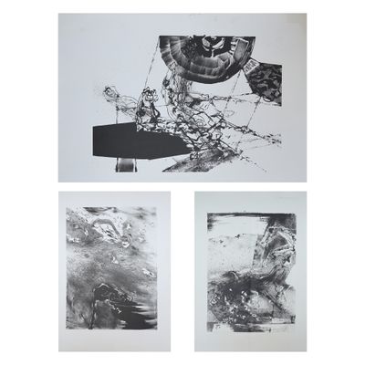 trois photographies en noir et blanc d'un tableau accroché à un mur blanc