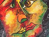 un tableau représentant le visage d'une femme sur lequel est posée une feuille