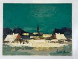 an image of a painting of a village with a church in the background