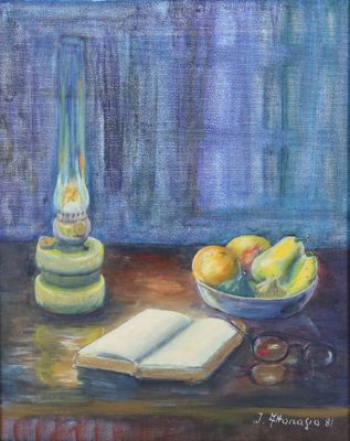 an oil painting of a book and a bowl of fruit on a table