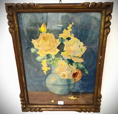 a painting of yellow roses in a vase on a table