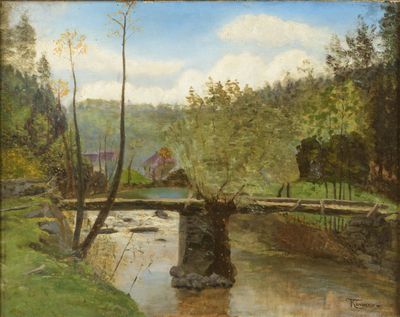 an image of a painting of a river with a bridge in the background