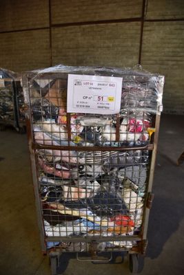 a cart full of items that are sitting in a warehouse