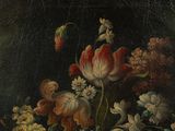 a painting of flowers in a vase on a table