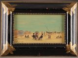 painting of a beach scene with people on the sand and a boat in the background