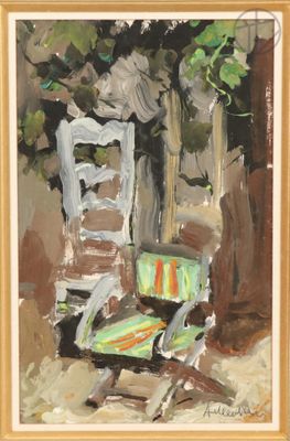 an image of a painting of a chair and a tree