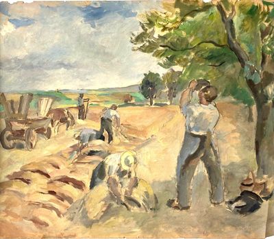un tableau représentant un homme et un chien dans un champ