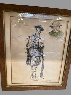 tableau représentant un homme coiffé d'un chapeau et vêtu d'un uniforme, tenant un fusil